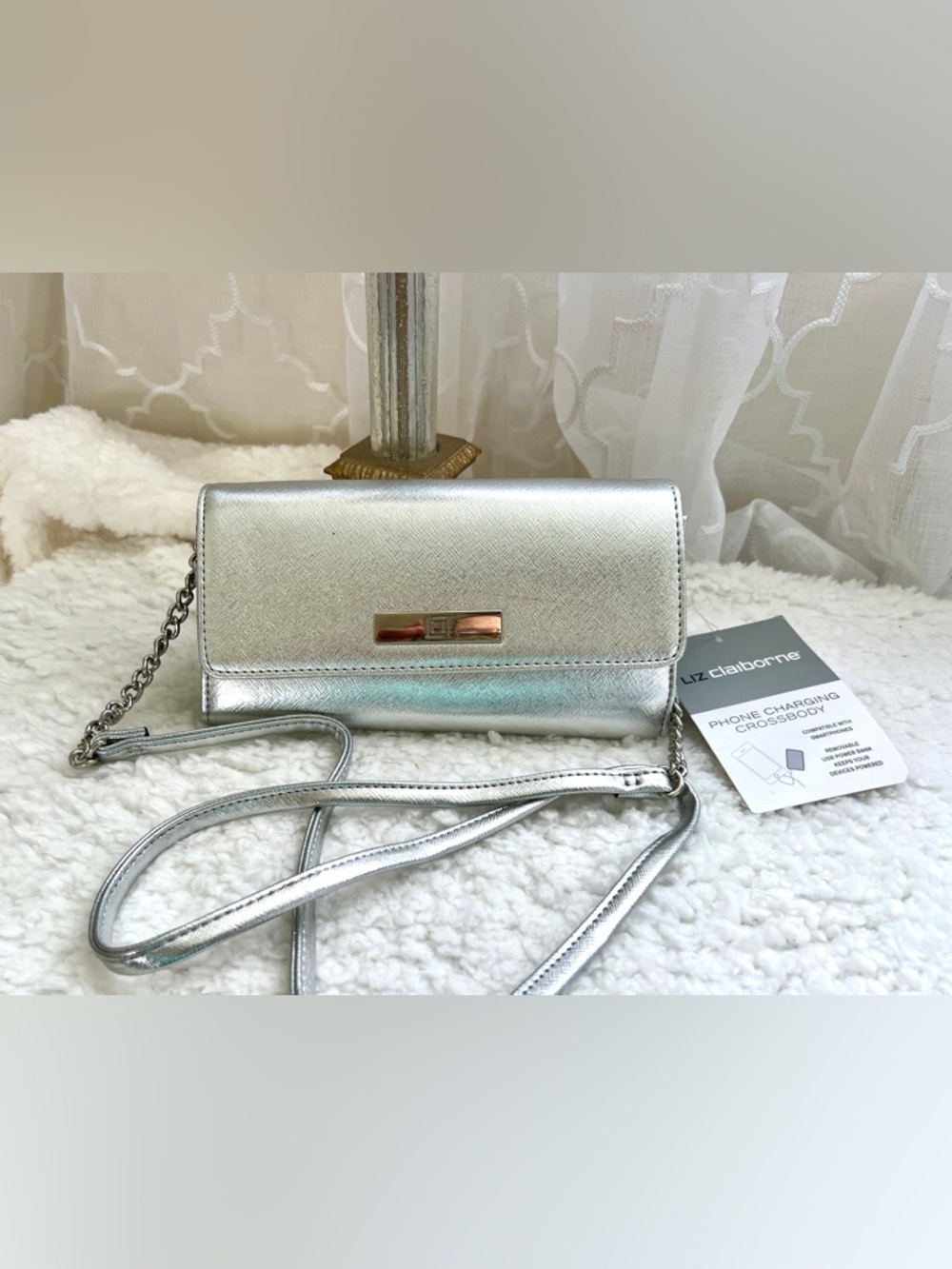 Liz Claiborne Phone Charging Crossbody with USB Power Bank •  Silver • NWT